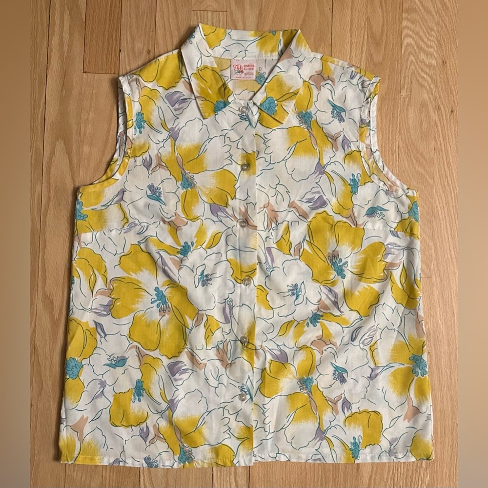 Vintage Haband For Her Sleeveless Floral Button Up Blouse, Size L